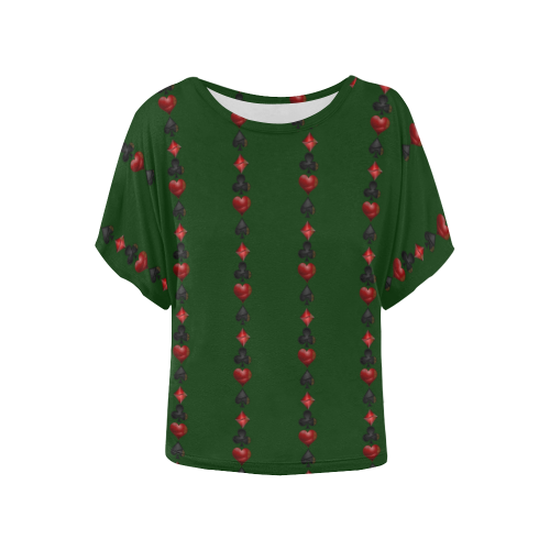 Las Vegas Black and Red Casino Poker Card Shapes on Green Women's Batwing-Sleeved Blouse T shirt (Model T44)