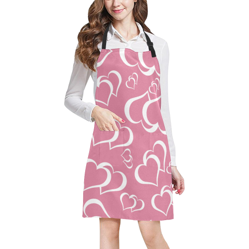White and Rose Pink Hearts Pattern All Over Print Apron