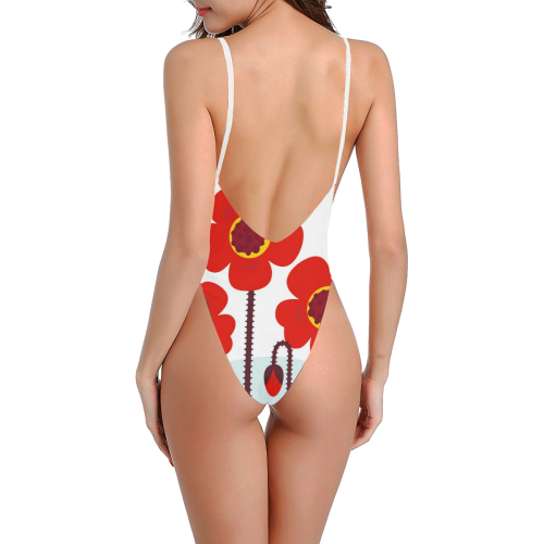 Red big  flowers on white Sexy Low Back One-Piece Swimsuit (Model S09)