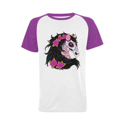 Sugar Skull Horse Pink Roses Purple Men's Raglan T-shirt Big Size (USA Size) (Model T11)