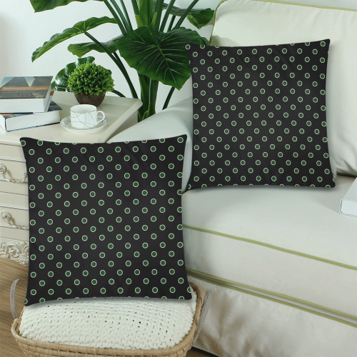 Green Polka Dots on Black Custom Zippered Pillow Cases 18"x 18" (Twin Sides) (Set of 2)