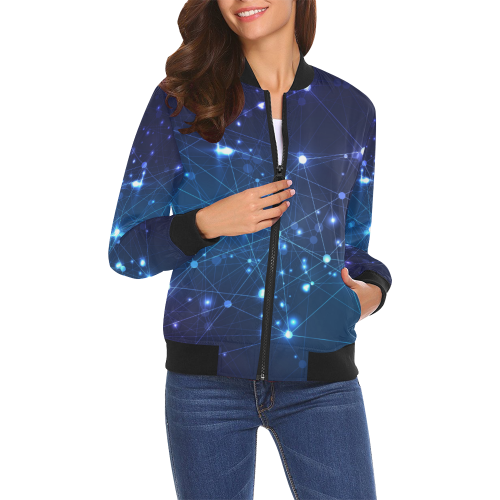 Twinkle Twinkle Little Blue Stars Cosmic Sky All Over Print Bomber Jacket for Women (Model H19)