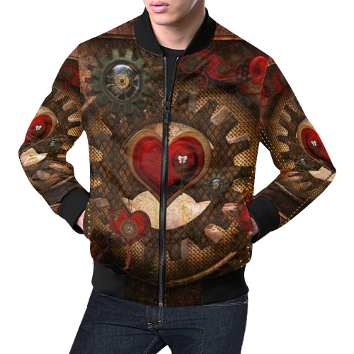 Steampunk, awesome herats with clocks and gears All Over Print Bomber Jacket for Men/Large Size (Model H19)