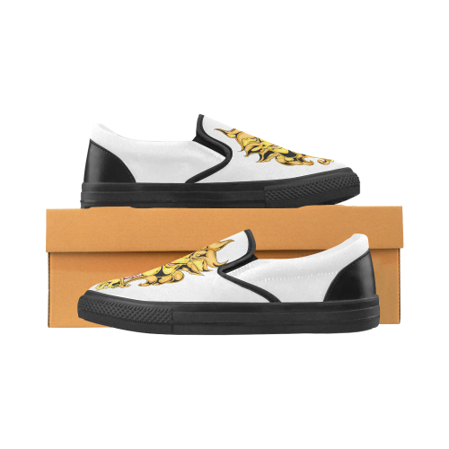 Gold Metallic Lion White Men's Slip-on Canvas Shoes (Model 019)
