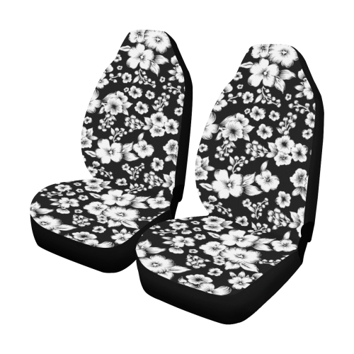 Fine Flowers Pattern Solid Black White Car Seat Covers (Set of 2)