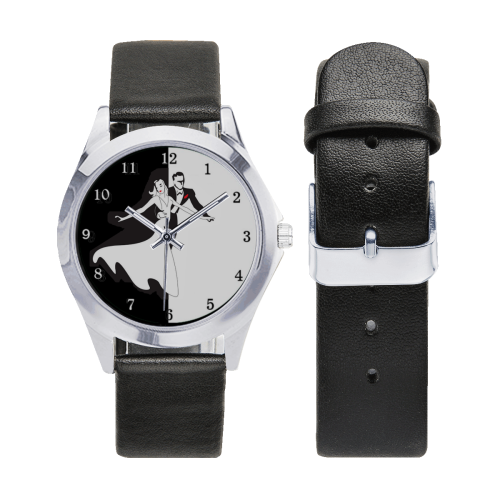 Dancing Black N White Unisex Silver-Tone Round Leather Watch (Model 216)