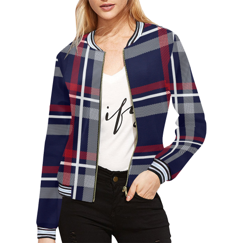 Blue & Red Lines Plaid All Over Print Bomber Jacket for Women (Model H21)