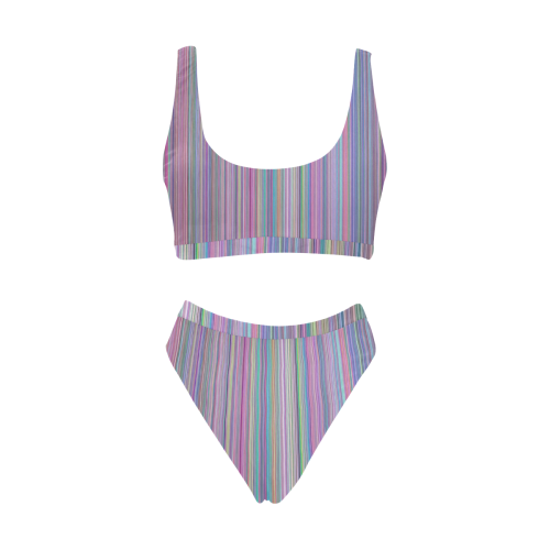 Broken TV screen rainbow stripe Sport Top & High-Waisted Bikini Swimsuit (Model S07)