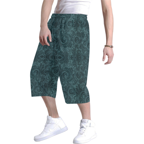 Denim with vintage floral pattern, dark green teal Men's All Over Print Baggy Shorts (Model L37)