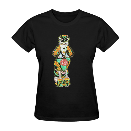 Sugar Skull Poodle Neon Black Women's T-Shirt in USA Size (Two Sides Printing)