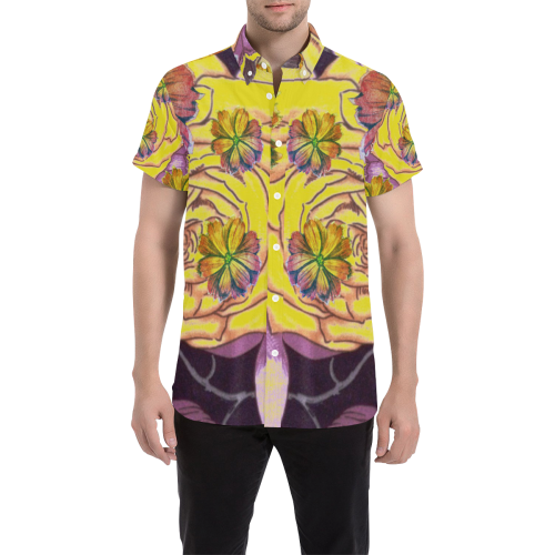 Watercolor Flowers Yellow Purple Green Men's All Over Print Short Sleeve Shirt/Large Size (Model T53)