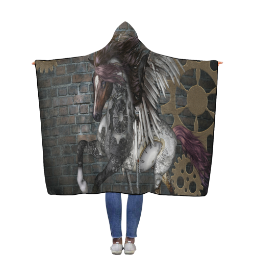 Steampunk, awesome steampunk horse with wings Flannel Hooded Blanket 56''x80''