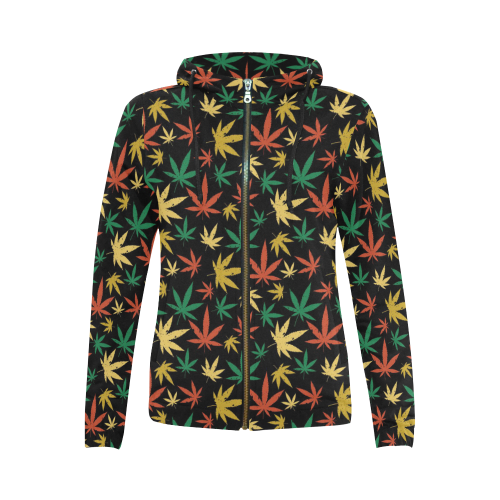Cannabis Pattern All Over Print Full Zip Hoodie for Women (Model H14)
