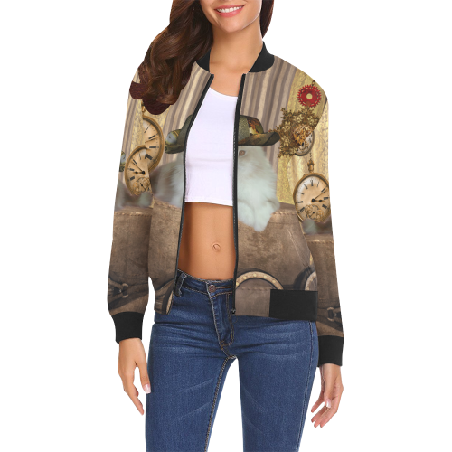 Funny steampunk cat All Over Print Bomber Jacket for Women (Model H19)