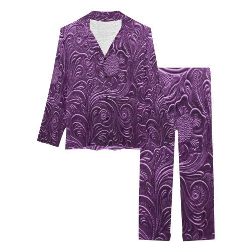 Embossed Purple Flowers Women's Long Pajama Set