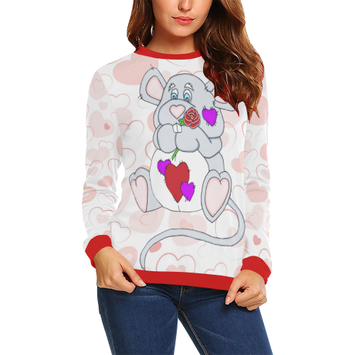 Pink Heart Valentine Mouse Red All Over Print Crewneck Sweatshirt for Women (Model H18)