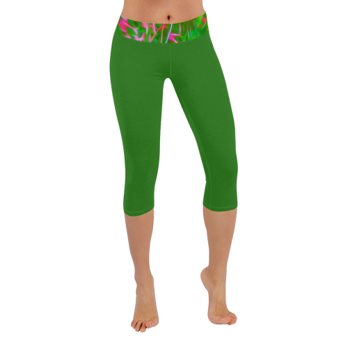 Solid Garden Green with Waist Accent Women's Low Rise Capri Leggings (Invisible Stitch) (Model L08)