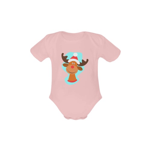 Funny Christmas Reindeer Pink Baby Powder Organic Short Sleeve One Piece (Model T28)