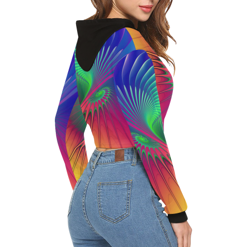 PSYCHEDELIC FRACTAL SPIRAL - Neon Colored All Over Print Crop Hoodie for Women (Model H22)