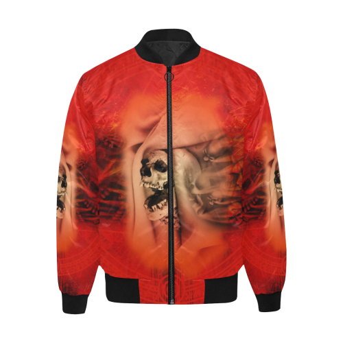 Creepy skulls on red background All Over Print Quilted Bomber Jacket for Men (Model H33)
