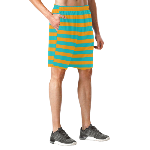 Orange Aqua Stripes Men's All Over Print Elastic Beach Shorts (Model L20)