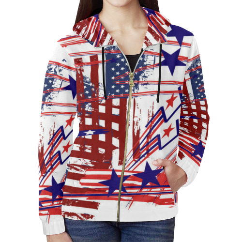 4th of July All Over Print Full Zip Hoodie for Women (Model H14)