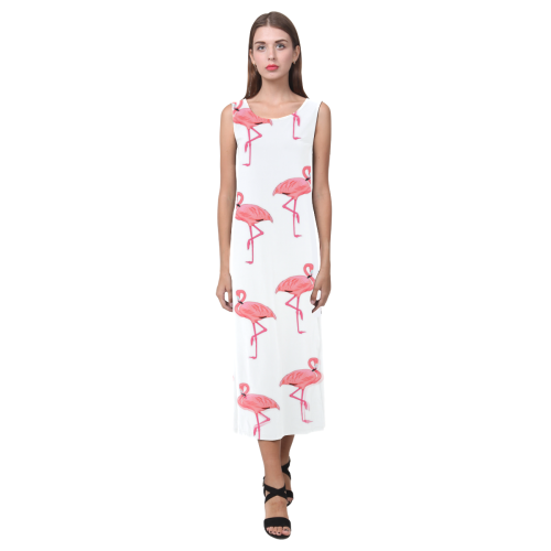 Pink Flamingo Pattern Tropical Summer Phaedra Sleeveless Open Fork Long Dress (Model D08)