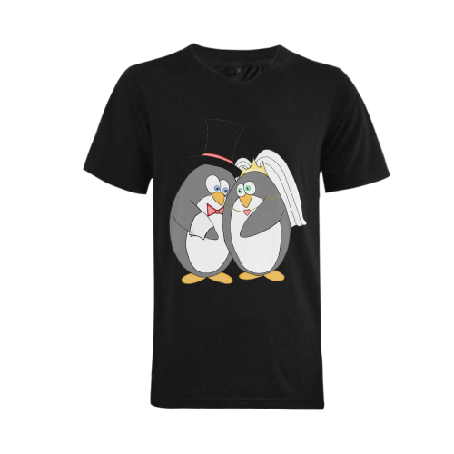 Penguin Wedding Black Men's V-Neck T-shirt  Big Size(USA Size) (Model T10)