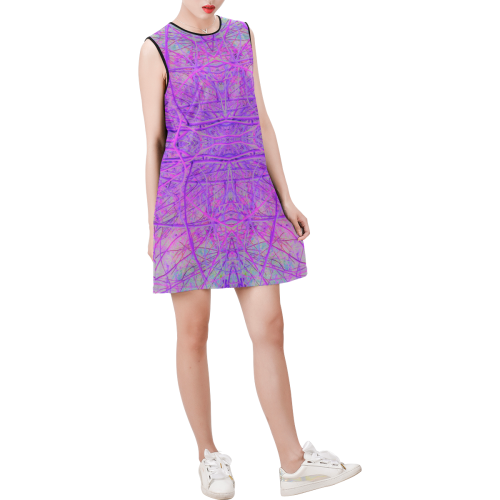 Hot Pink and Purple Abstract Branch Pattern Sleeveless Round Neck Shift Dress (Model D51)