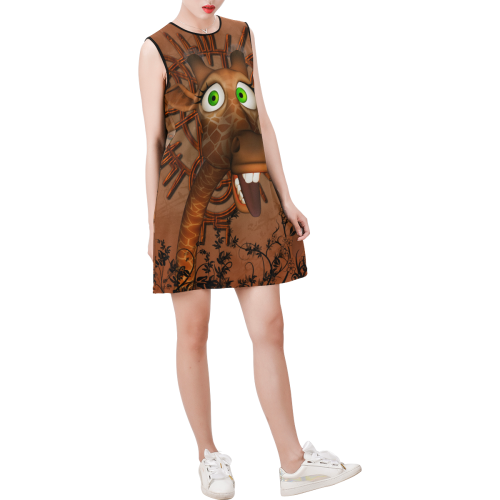 Sweet, happy giraffe Sleeveless Round Neck Shift Dress (Model D51)