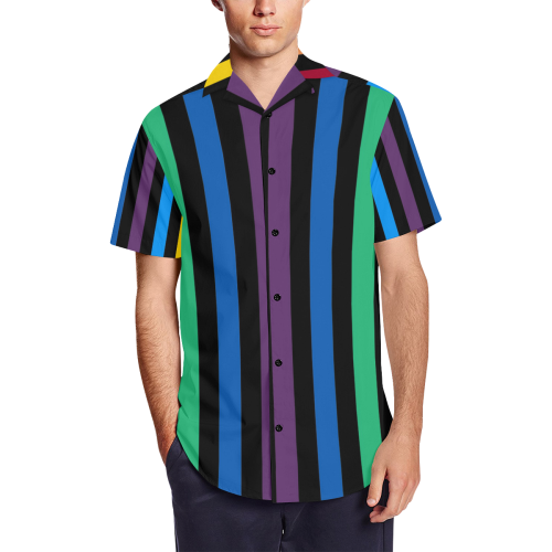 Rainbow Stripes with Black Men's Short Sleeve Shirt with Lapel Collar (Model T54)