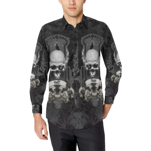 Skull with crow in black and white Men's All Over Print Casual Dress Shirt (Model T61)
