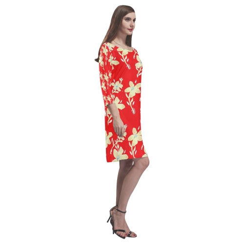 Red Dress With Yellow Flower Design Rhea Loose Round Neck Dress(Model D22)