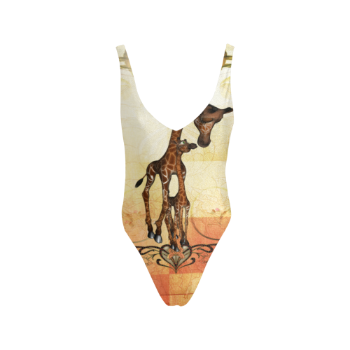 Cute giraffe mum with baby Sexy Low Back One-Piece Swimsuit (Model S09)