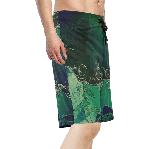 Green floral design Men's All Over Print Board Shorts (Model L16)