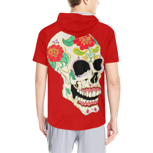 Flower Sugar Skull Red All Over Print Short Sleeve Hoodie for Men (Model H32)