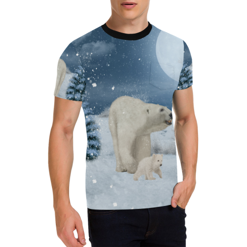 Polar bear mum with polar bear cub Men's All Over Print T-Shirt with Chest Pocket (Model T56)