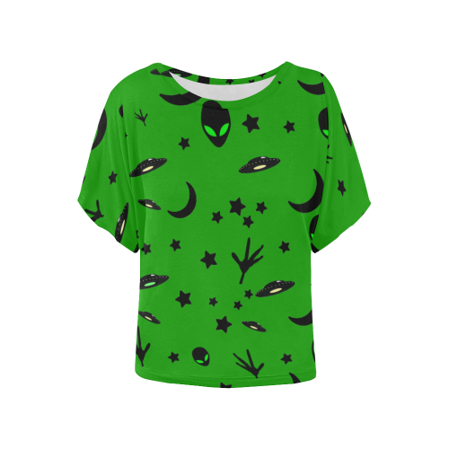 Alien Flying Saucers Stars Pattern on Green Women's Batwing-Sleeved Blouse T shirt (Model T44)