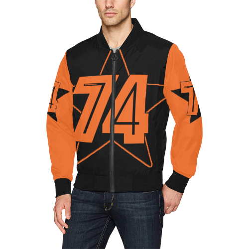 Dundealent 745 star II Black/Orange All Over Print Bomber Jacket for Men (Model H31)