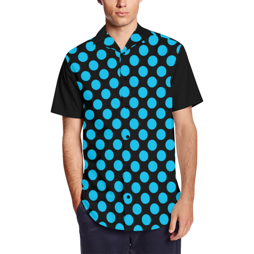 Blue Polka Dots on Black Men's Short Sleeve Shirt with Lapel Collar (Model T54)