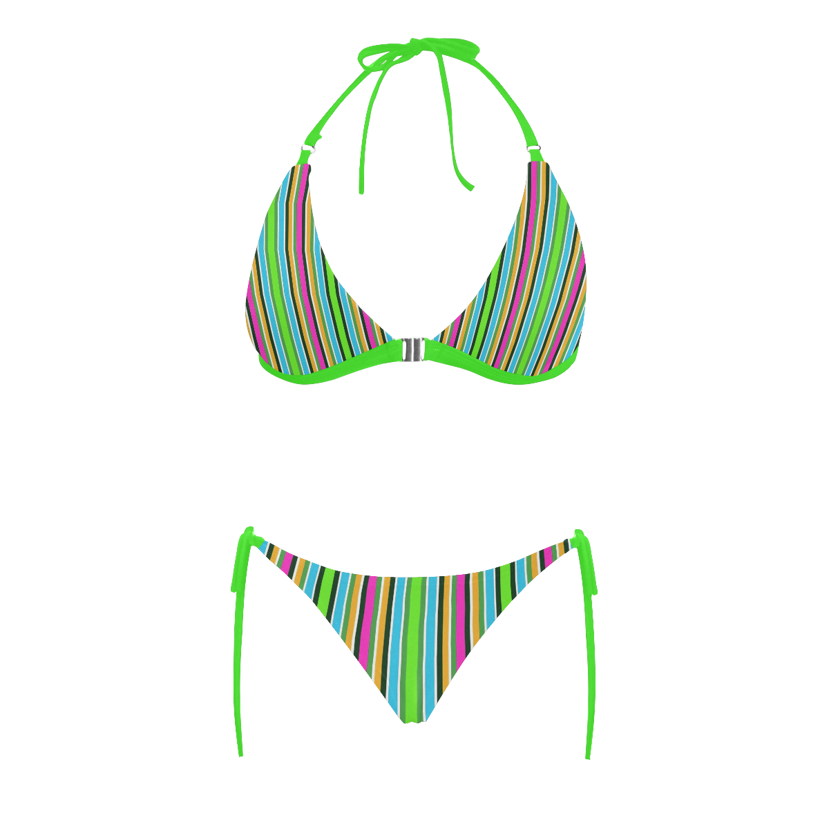 Vivid Colored Stripes Green Buckle Front Halter Bikini Swimsuit