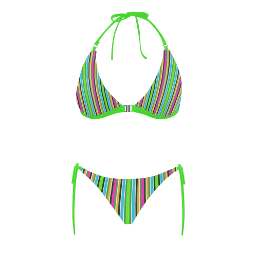 Vivid Colored Stripes 3 Green Buckle Front Halter Bikini Swimsuit (Model S08)