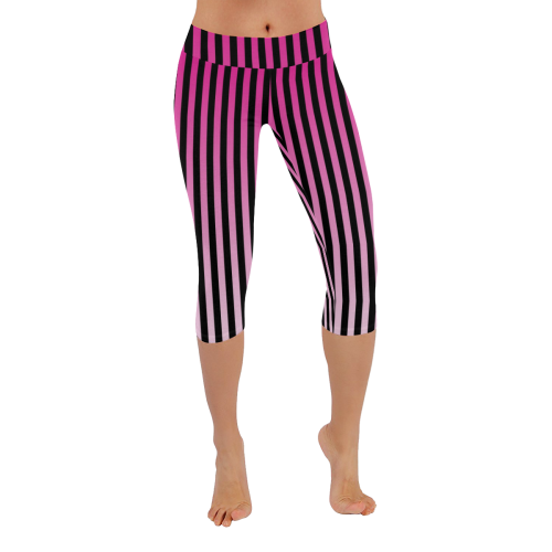 Pink Ombre Stripes on Black Women's Low Rise Capri Leggings (Invisible Stitch) (Model L08)