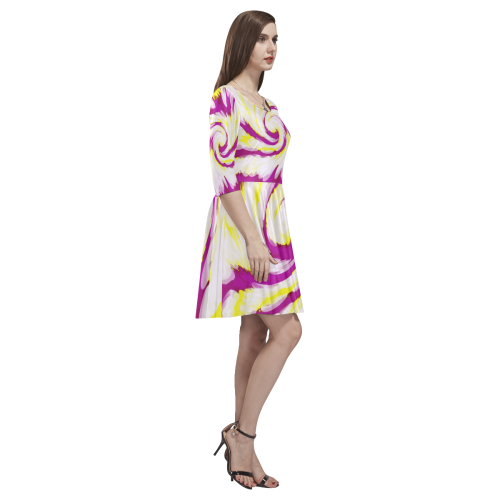 Pink Yellow Tie Dye Swirl Abstract Tethys Half-Sleeve Skater Dress(Model D20)