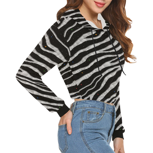 Ripped SpaceTime Stripes - White All Over Print Crop Hoodie for Women (Model H22)