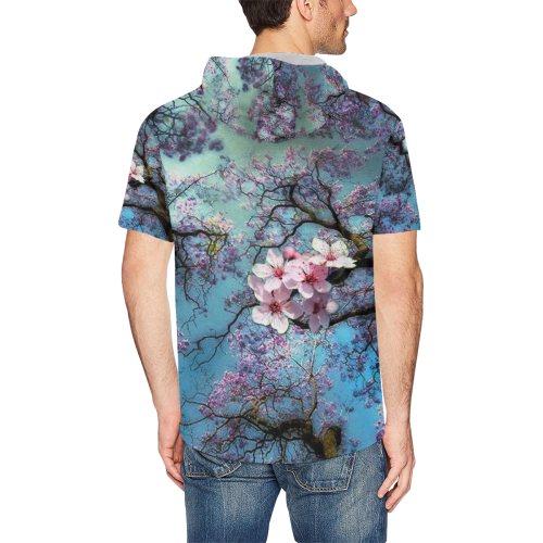 Cherry Blossom All Over Print Short Sleeve Hoodie for Men (Model H32)