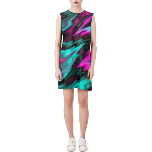 fractal waves A by JamColors Sleeveless Round Neck Shift Dress (Model D51)