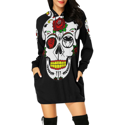 Rose Sugar Skull Hoodie/Dress All Over Print Hoodie Mini Dress (Model H27)