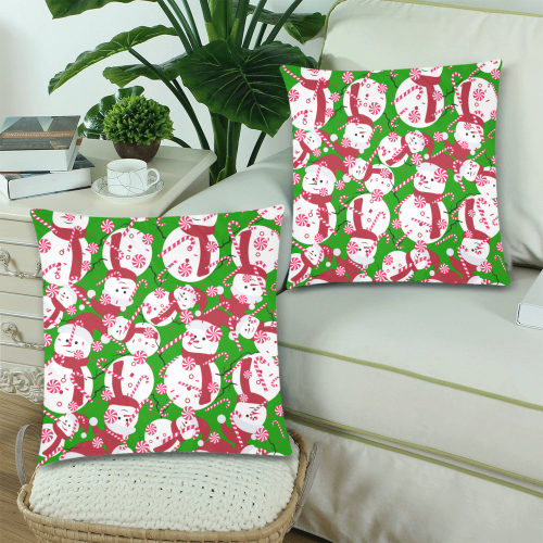 CandyCANE SNOWMAN CHRISTMAS GREEN Custom Zippered Pillow Cases 18"x 18" (Twin Sides) (Set of 2)