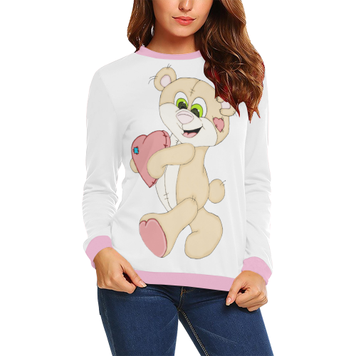 Patchwork Heart Teddy White/Pink All Over Print Crewneck Sweatshirt for Women (Model H18)